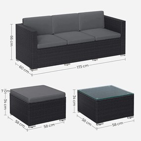 Conjunto de móveis de jardim com almofadas e mesa de vidro preto-cinzento