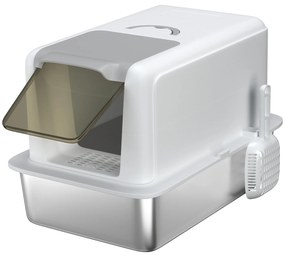 Pawhut Caixa de Areia para Gatos Bandeja em Aço Inoxidável Filtro Pá para Gatos Até 6 Kg 40,5x60,5x41,5 cm Branco Prateado | Aosom Portugal