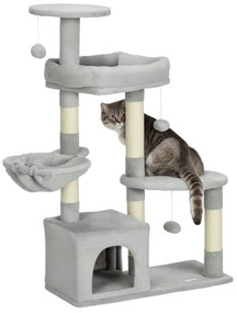 PawHut Arranhador para Gatos com Postes Arranhadores de Sisal Cova Plataformas e Bolas Suspensas 65x30x104 cm Cinzento Claro | Aosom Portugal