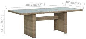 Mesa de jantar jardim 200x100x74 cm vidro e vime PE castanho