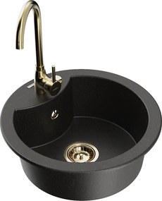 Mexen Diego lava-louças de granito 1 câmara com torneira de cozinha Telma, preto/dourado - 6512-75-670200-50