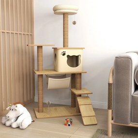 Árvore Arranhadora para Gatos Torre de Escalada com Plataformas Rede Escada Caverna Postes para Arranhar de Juta Bola Supensa e Descanso 60x40x130cm B