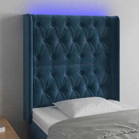 Cabeceira cama c/ luzes LED veludo 83x16x118/128 cm azul-escuro
