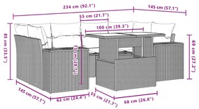 7 pcs conjunto sofás p/ jardim c/ almofadões vime PE cinzento