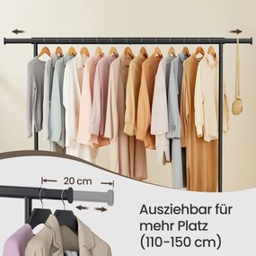 Cabide guarda roupa com rodas 45 x (160-200) x 162,9 cm, barra extensível, capacidade de carga até 110 kg preto