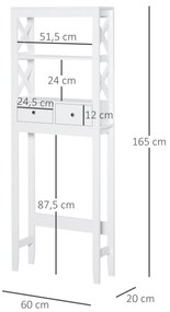 Kleankin Prateleira de banheiro Armário com 3 prateleiras e 2 gavetas com dispositivo anti-queda 60x20x165 cm Branco