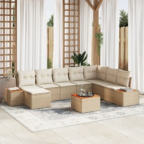 Conjunto de Sofá de 9 Peças para Jardim com Almofadas Bege Polímero de Rattan Acácia