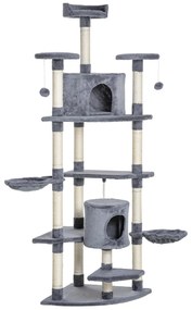 PawHut Árvore Arranhador para Gatos Grande 60x60x200cm com 2 Cavernas 2 Redes Cama Múltiplas Plataformas e Bolas de Brinquedo Cinza | Aosom Portugal