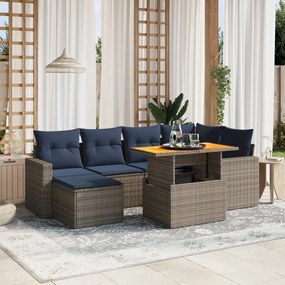7 pcs conjunto sofás p/ jardim c/ almofadões vime PE cinzento