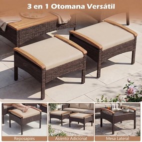 Conjunto jardim de 5 peças de vime para jardim, com 2 poltronas, 2 pufes, mesa auxiliar, almofadas e tampo em madeira de acácia Castanho misturado e a
