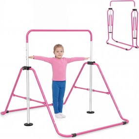 Barra de ginástica infantil dobrável, altura ajustável, base antiderrapante 3-12 anos, Rosa