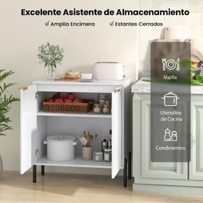 Aparador de 2 portas 70 x 37 x 78 cm com prateleira Pés de metal Kit antiderrapante e dobradiças ajustáveis Móvel moderno Armário branco
