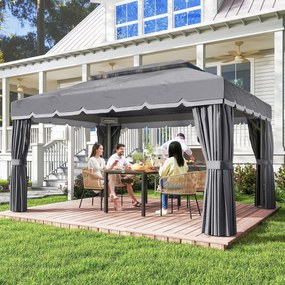 Pérgola de Jardim 390x290x270 cm com 4 Cortinas Laterais 4 Telas Mosquiteiras e 8 Orifícios de Drenagem Cinza