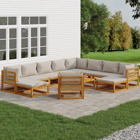 12 pcs conj. lounge de jardim madeira c/ almofadões cinza-claro