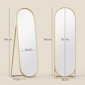 Espelho de Pé Oval 160x40 cm Espelho de Corpo Inteiro com Moldura Metálica Suporte e 2 Formas de Utilização Dourado