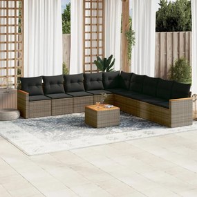 10 pcs conjunto sofás de jardim c/ almofadões vime PE cinzento