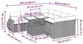 9 pcs conjunto sofás p/ jardim com almofadões vime PE cinzento