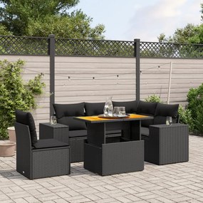 6 pcs conjunto sofás de jardim c/ almofadões vime PE preto