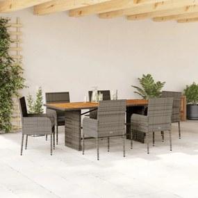 vidaXL 7 pcs conjunto de jantar p/ jardim c/ almofadões vime PE cinza