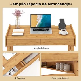 Secretária Mesa de computador em bambu com 2 gavetas e mesa aberta para trabalhar e estudar 100 x 50 x 78 cm natural