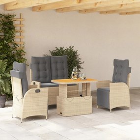 vidaXL 4 pcs conjunto de jantar p/ jardim c/ almofadões vime PE bege