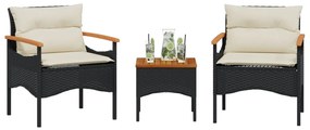 3 pcs conjunto sofás de jardim com almofadões vime PE preto