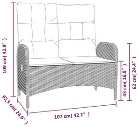 Banco de jardim reclinável com almofadões 107 cm vime PE cinza