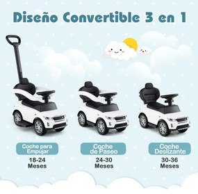 Carro de empurrar 3 em 1 para crianças de 18 a 36 meses com alça removível com buzina e som Branco