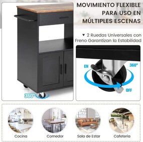 Carrinho de cozinha com rodas com 3 prateleiras abertas para especiarias, gaveta grande com 2 portas e toalheiro 75 x 50 x 92 cm Preto