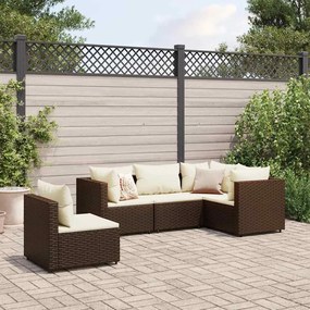 vidaXL 5 pcs conjunto lounge jardim c/ almofadões vime PE castanho