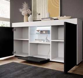 Aparador Elma de 135 cm com Luz LED - Branco e Preto Mate - Design Mod