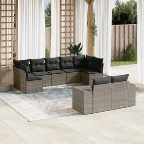 9 pcs conjunto sofás p/ jardim com almofadões vime PE cinzento