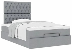 Estrutura de cama otomana com colchão cinza claro tecido