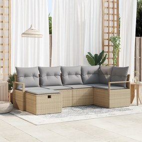 Conjunto de Sofá de Jardim de 6 Peças com Almofadas Bege Rattan Poliés