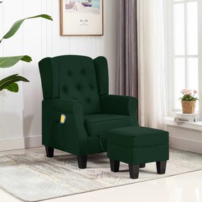 vidaXL Poltrona de massagens com apoio de pés tecido verde-escuro