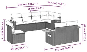 8 pcs conjunto sofás p/ jardim c/ almofadões vime PE cinzento