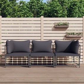 3 pcs conjunto lounge de jardim c/ almofadões vime PE antracite