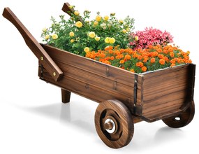 Carrinho de madeira decorativo com rodas e furo de drenagem - marrom rústico