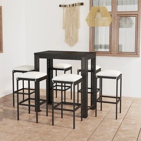 vidaXL 7 pcs conjunto de bar p/ jardim c/ almofadões vime PE preto