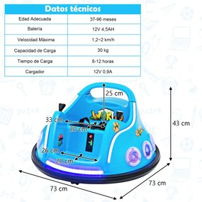 Carrinho de choques para crianças 12V com rotação de 360°, Luzes, controlo remoto, Música  73 x 73 x 43cm Azul