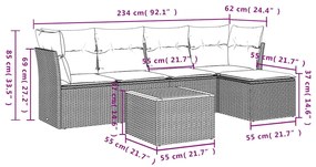 6 pcs conjunto sofás de jardim c/ almofadões vime PE preto