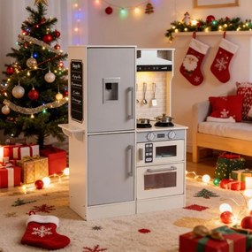 Cozinha de brincar dupla face em madeira 73 x 55 x 98 cm com dispensador de água, micro-ondas e utensílios simulados, luzes e sons, para maiores de 3