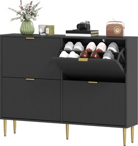 Sapateira com capacidade para 20 pares 105 x 24 x 91,5 cm, com 4 gavetas rebatíveis, portas caneladas e prateleiras ajustáveis, preto