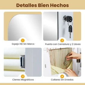 Armário para joias com espelho 42 cm x 10 cm x 107,5 cm e 6 luzes LED de parede ou porta com fecho Espelho arredondado branco