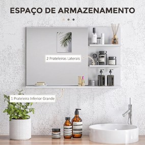 Espelho de Casa de Banho de Parede com 2 Prateleiras Laterais e Prateleira Inferior 75x10x48 cm Branco