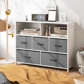 Cômoda com 5 gavetas 100 x 30 x 78 cm, 2 caixas grandes de tecido, 3 caixas médias e gavetas dobráveis de tecido Branco
