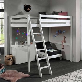 Cama alta de Criança PINO 140 x 200 cm + estrado + escada + armário com 2 portas + sofá-cama Branca
