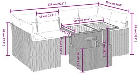 7 pcs conjunto sofás p/ jardim c/ almofadões vime PE cinzento