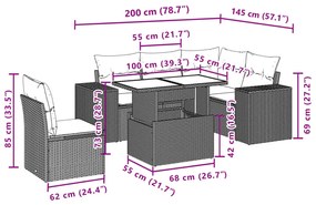 6 pcs conjunto de sofás p/ jardim com almofadões vime PE bege