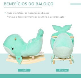 Baloiço com Forma de Baleia para Crianças de 18-36 Meses Baloiço de Pelúcia com Sons Cinto de Segurança e Apoio para os Pés 60x33x50cm Turquesa